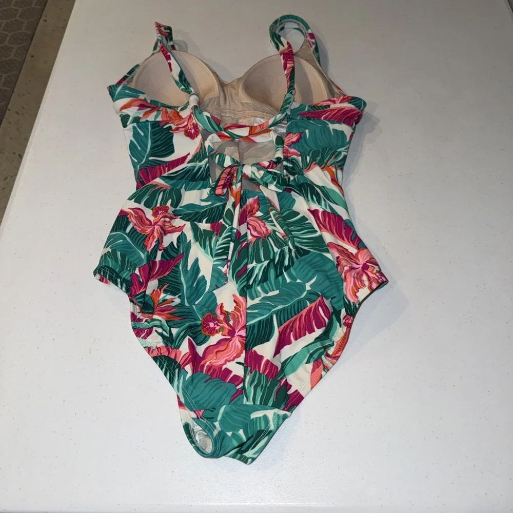 Kona Sol‎ Tropical Floral Palm Print One Piece Swimsuit Green Pink Small 4-6